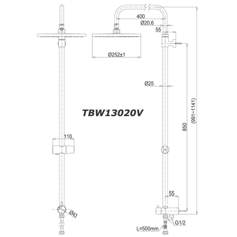 bản vẽ kích thước Vòi sen cây TOTO TBW13020V