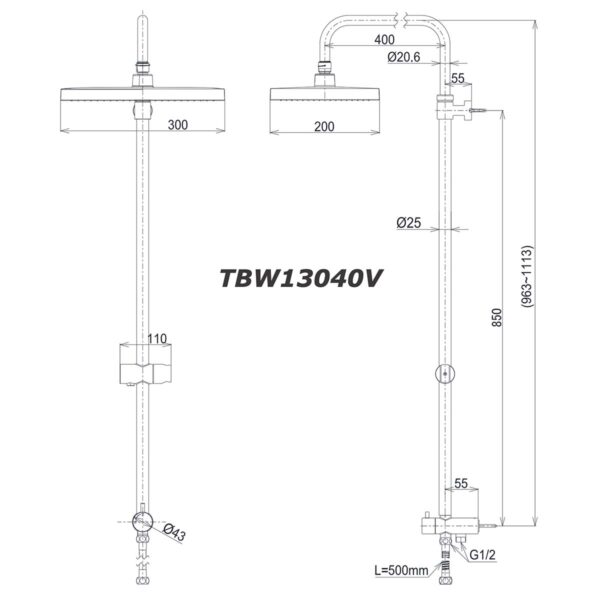 bản vẽ kích thước Vòi sen cây TOTO TBW13040V