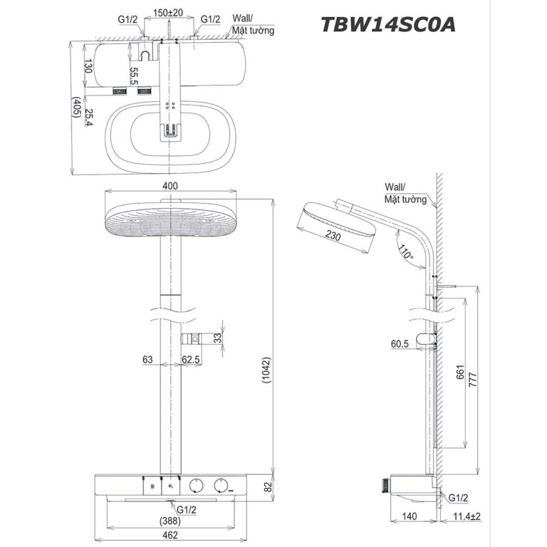 bản vẽ kích thước Vòi sen cây TOTO TBW14SC0A nhiệt độ