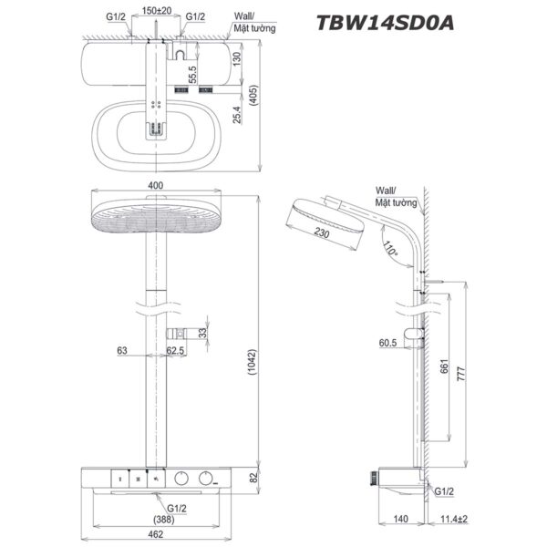 bản vẽ kích thước Vòi sen cây TOTO TBW14SD0A nhiệt độ