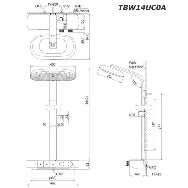 bản vẽ kích thước Vòi sen cây TOTO TBW14UC0A nhiệt độ