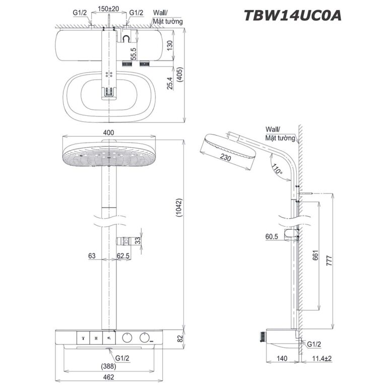 bản vẽ kích thước Vòi sen cây TOTO TBW14UC0A nhiệt độ