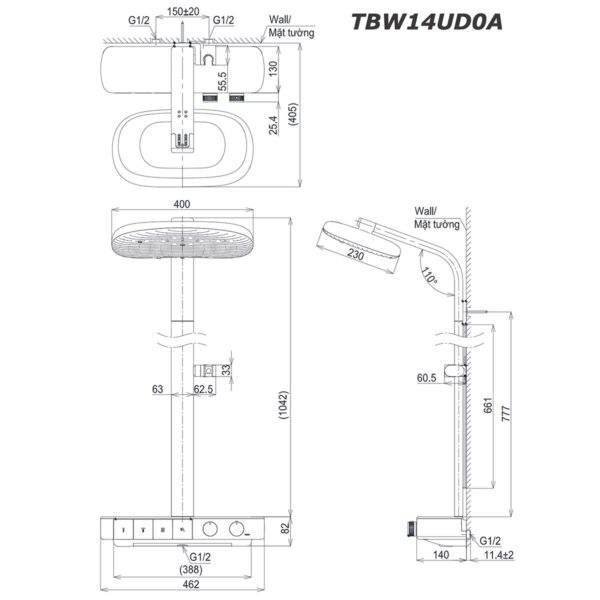 bản vẽ kích thước Vòi sen cây TOTO TBW14UD0A nhiệt độ
