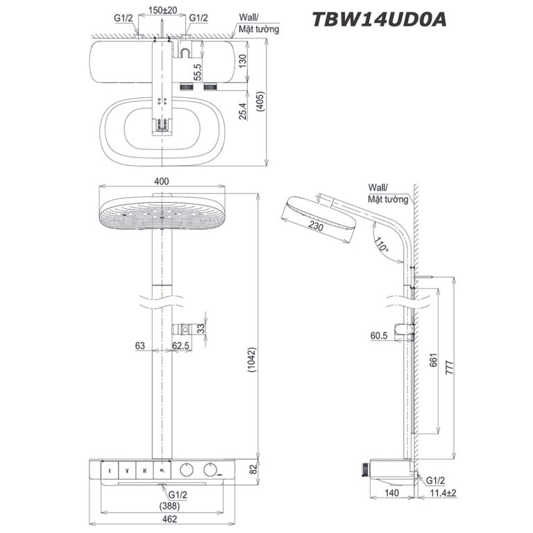 bản vẽ kích thước Vòi sen cây TOTO TBW14UD0A nhiệt độ