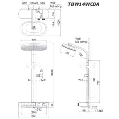 bản vẽ kích thước Vòi sen cây TOTO TBW14WC0A nhiệt độ