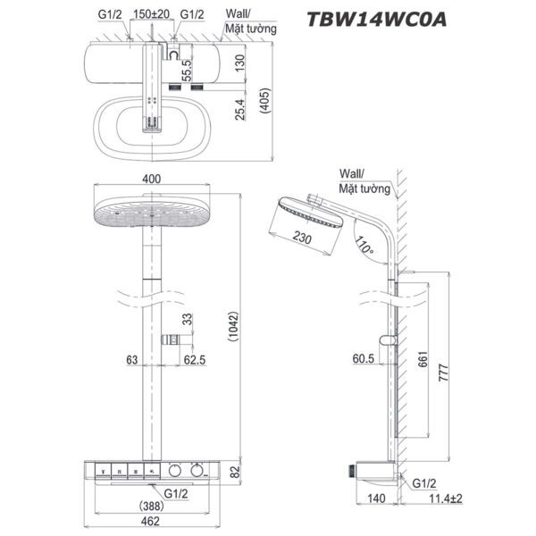 bản vẽ kích thước Vòi sen cây TOTO TBW14WC0A nhiệt độ
