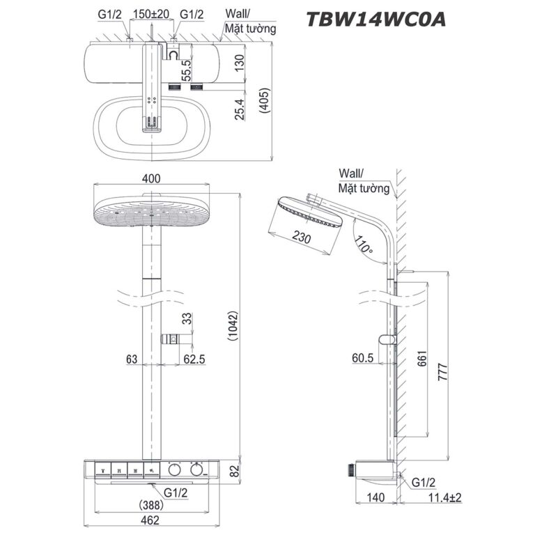 bản vẽ kích thước Vòi sen cây TOTO TBW14WC0A nhiệt độ