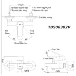bản vẽ kích thước Vòi sen tắm TOTO TBS06302V nóng lạnh