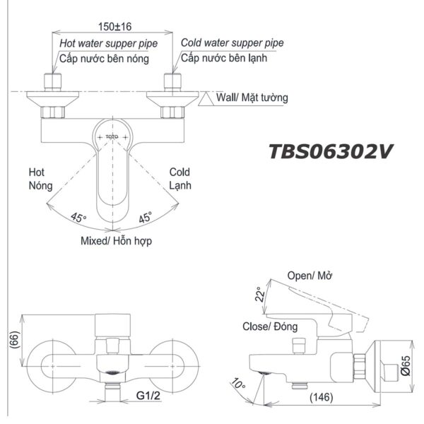 bản vẽ kích thước Vòi sen tắm TOTO TBS06302V nóng lạnh