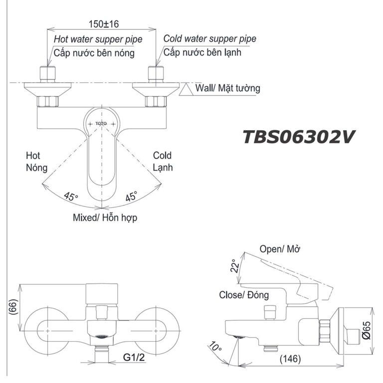bản vẽ kích thước Vòi sen tắm TOTO TBS06302V nóng lạnh