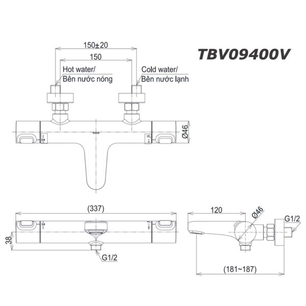 bản vẽ kích thước Vòi sen tắm TOTO TBV09400V nhiệt độ