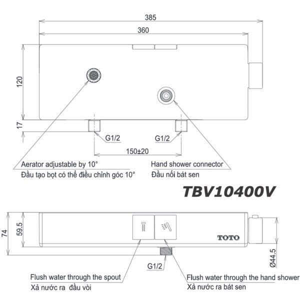 bản vẽ kích thước Vòi sen tắm TOTO TBV10400V nhiệt độ
