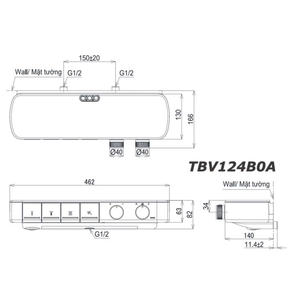 bản vẽ kích thước Vòi sen tắm TOTO TBV124B0A nhiệt độ