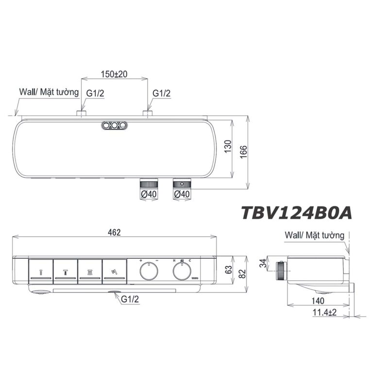 bản vẽ kích thước Vòi sen tắm TOTO TBV124B0A nhiệt độ