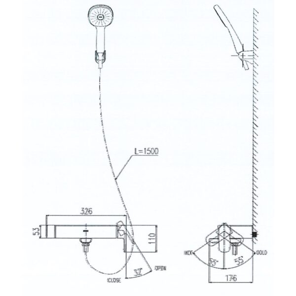 Bản vẽ kỹ thuật Vòi sen tắm INAX BFV-633S nóng lạnh