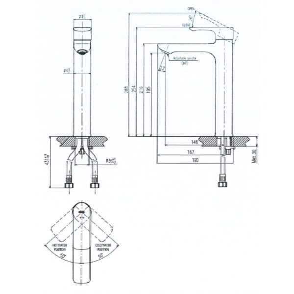 bản vẽ kích thước Vòi lavabo INAX LFV-612SH cổ cao nóng lạnh
