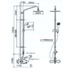bản vẽ kích thước Vòi sen cây INAX BFV-1115S-2 nóng lạnh