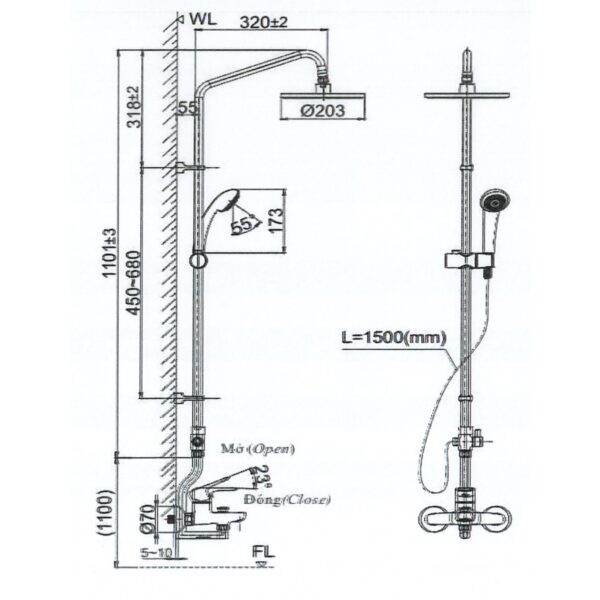 bản vẽ kích thước Vòi sen cây INAX BFV-1115S-2 nóng lạnh