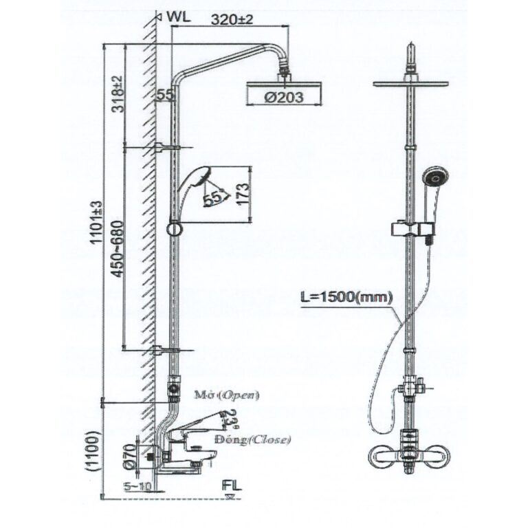 bản vẽ kích thước Vòi sen cây INAX BFV-1115S-2 nóng lạnh