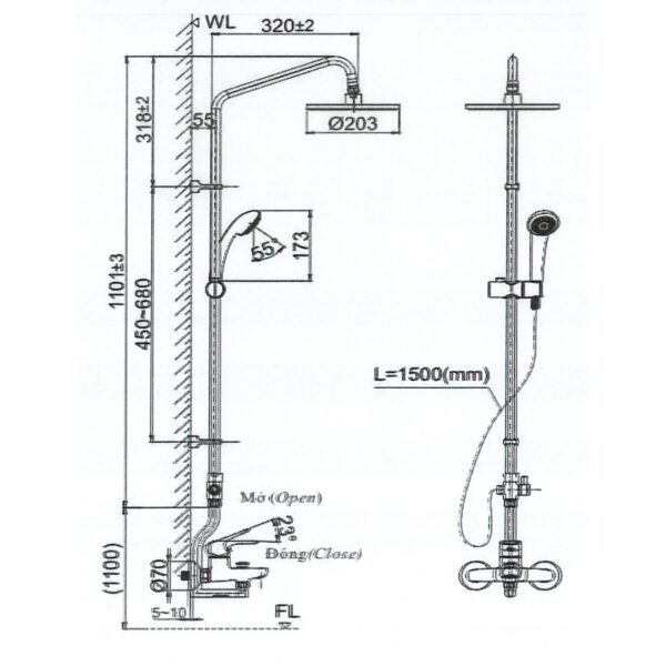 bản vẽ kích thước Vòi sen cây INAX BFV-1115S-3C-2 nóng lạnh
