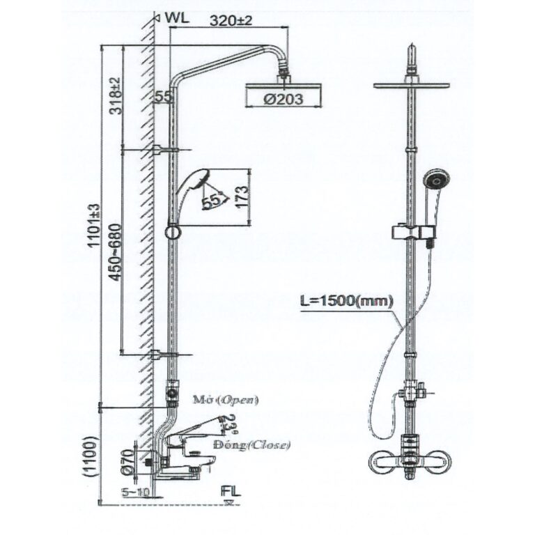 bản vẽ kích thước Vòi sen cây INAX BFV-1115S-3C-2 nóng lạnh