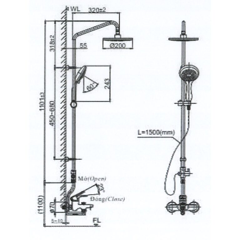 bản vẽ kích thước Vòi sen cây INAX BFV-1405S-2 nóng lạnh